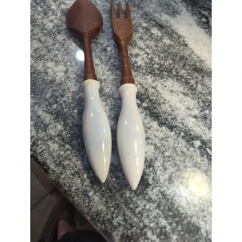 Vintage Delft Blue Ceramic & Wood Salad Set